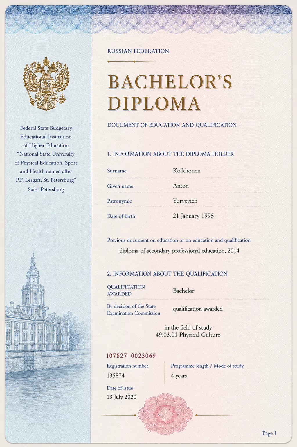 AI visualization of the Bachelor's degree in Physical Culture credential in Anton Kolhonen's education portfolio
