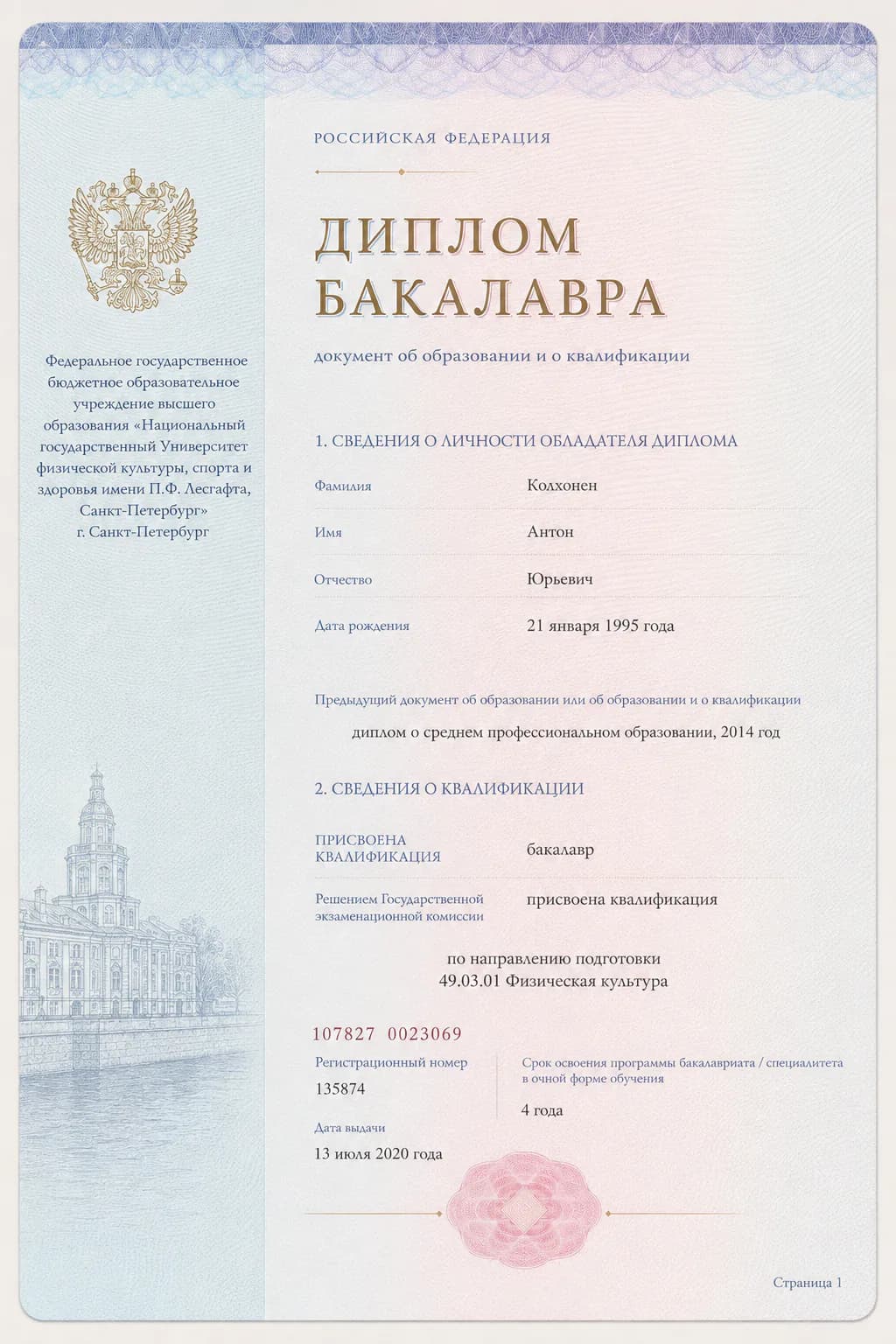 AI-визуализация документа «Бакалавр физической культуры» из образовательного портфолио Антона Колхонена