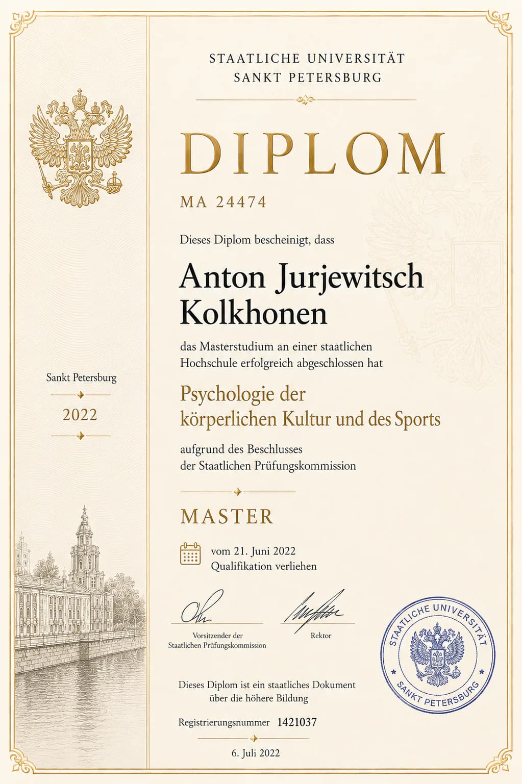 KI-Visualisierung des Bildungsnachweises „Masterabschluss in Psychologie der Körperkultur und des Sports“ im Ausbildungsportfolio von Anton Kolhonen