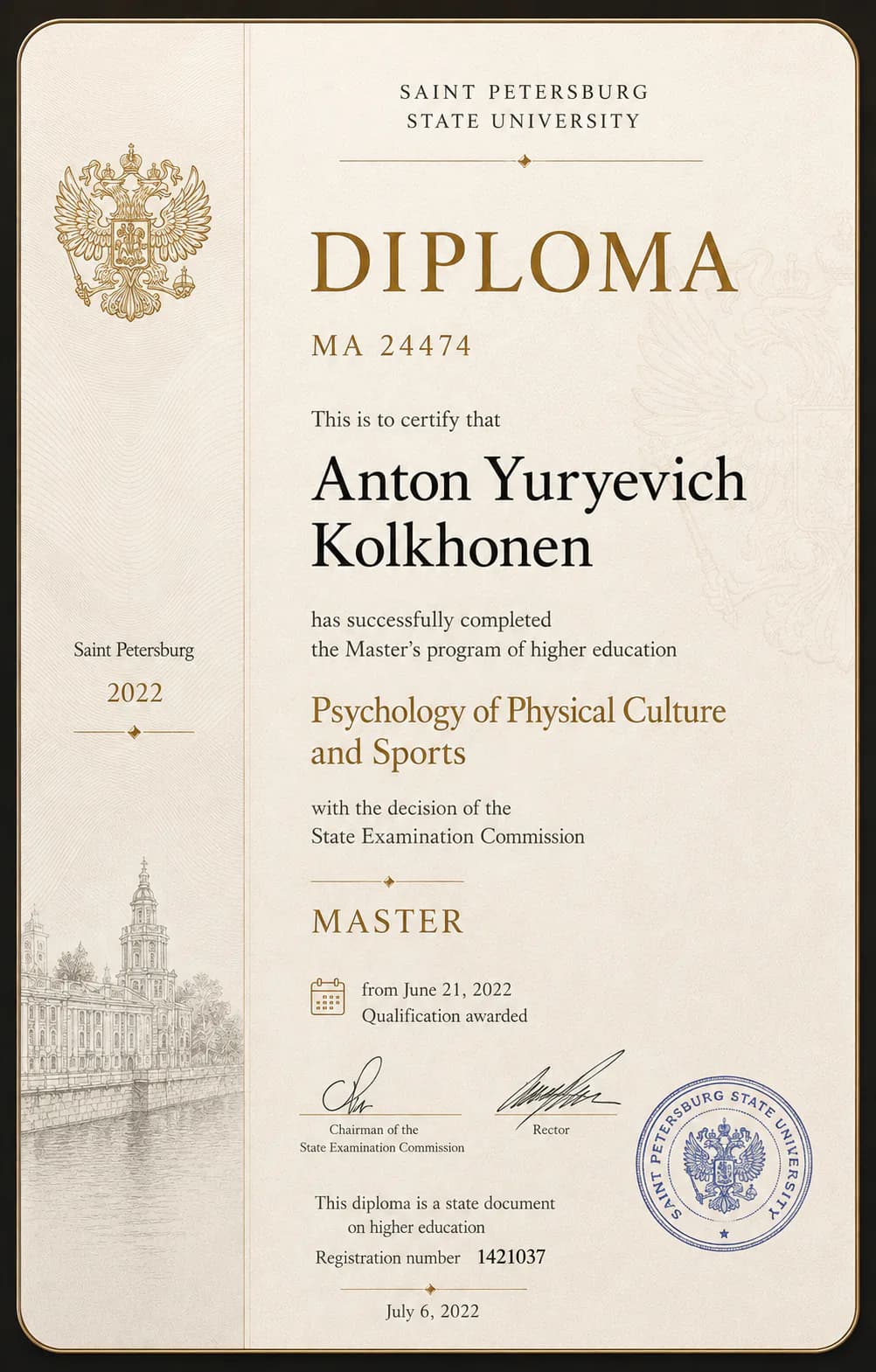 AI visualization of the Master's degree in Psychology of Physical Culture and Sports credential in Anton Kolhonen's education portfolio