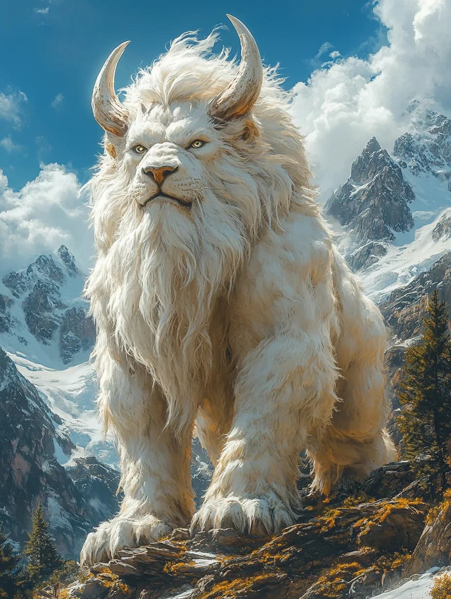 A gigantic white lion with curved horns stands before snowy mountains.