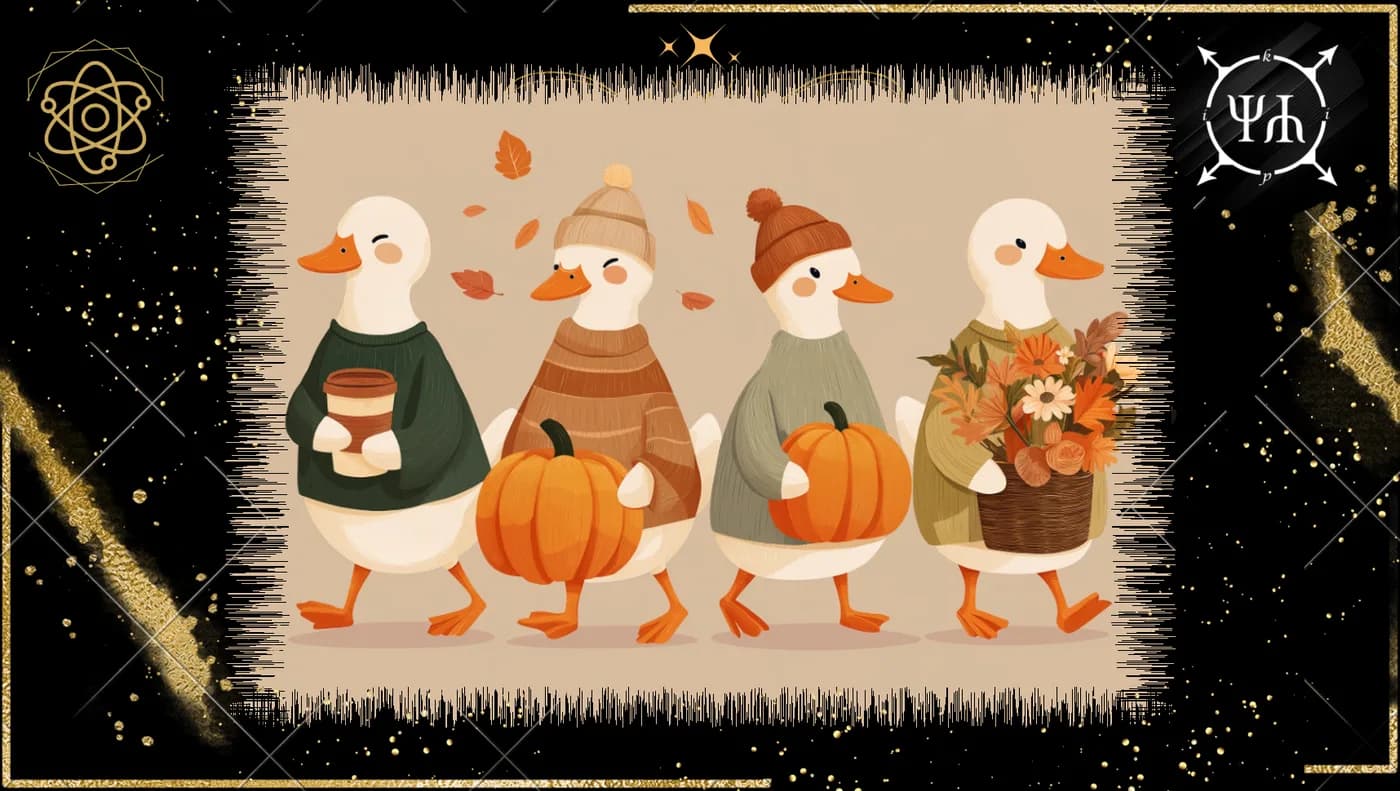 Four illustrated ducks carrying coffee, pumpkins, and a basket of flowers.