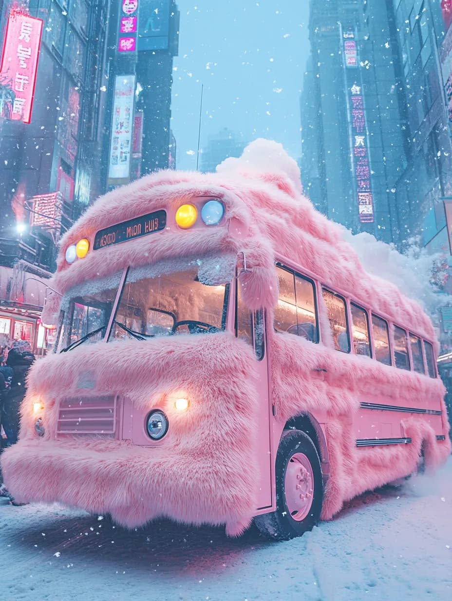 A furry pink bus travels through a snowy city lit by neon signs.