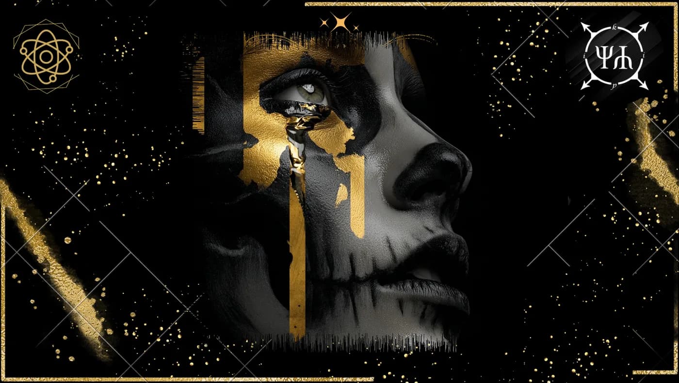 A black-and-gold human profile with a golden tear and painted fragments across the face.
