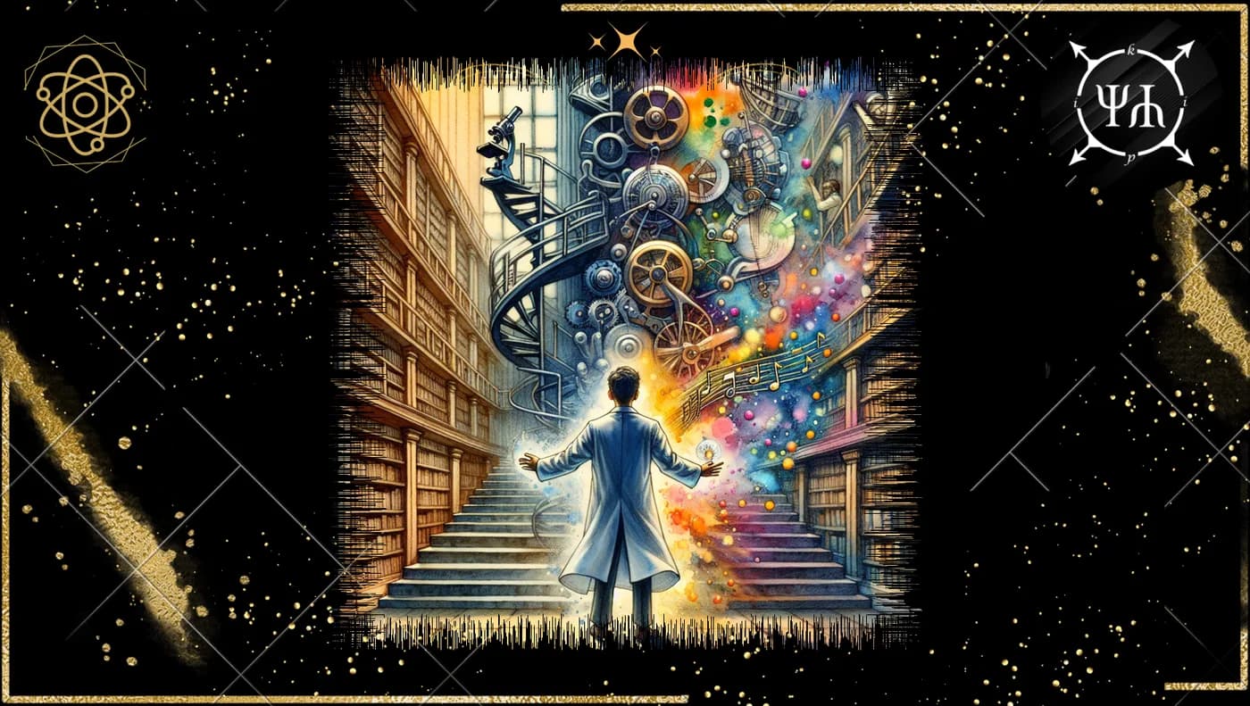 A researcher stands between a library staircase and a stream of mechanisms, colour, and musical notes.