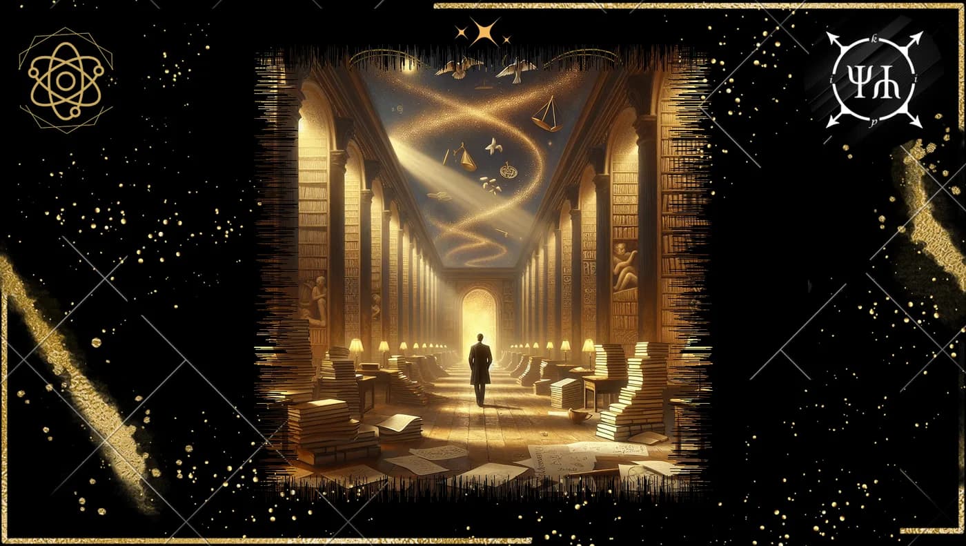A lone figure walks through a golden library hall among books and symbols of science.