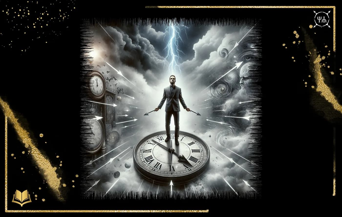 A man stands on a clock face between images of the past and future in a stormy space.