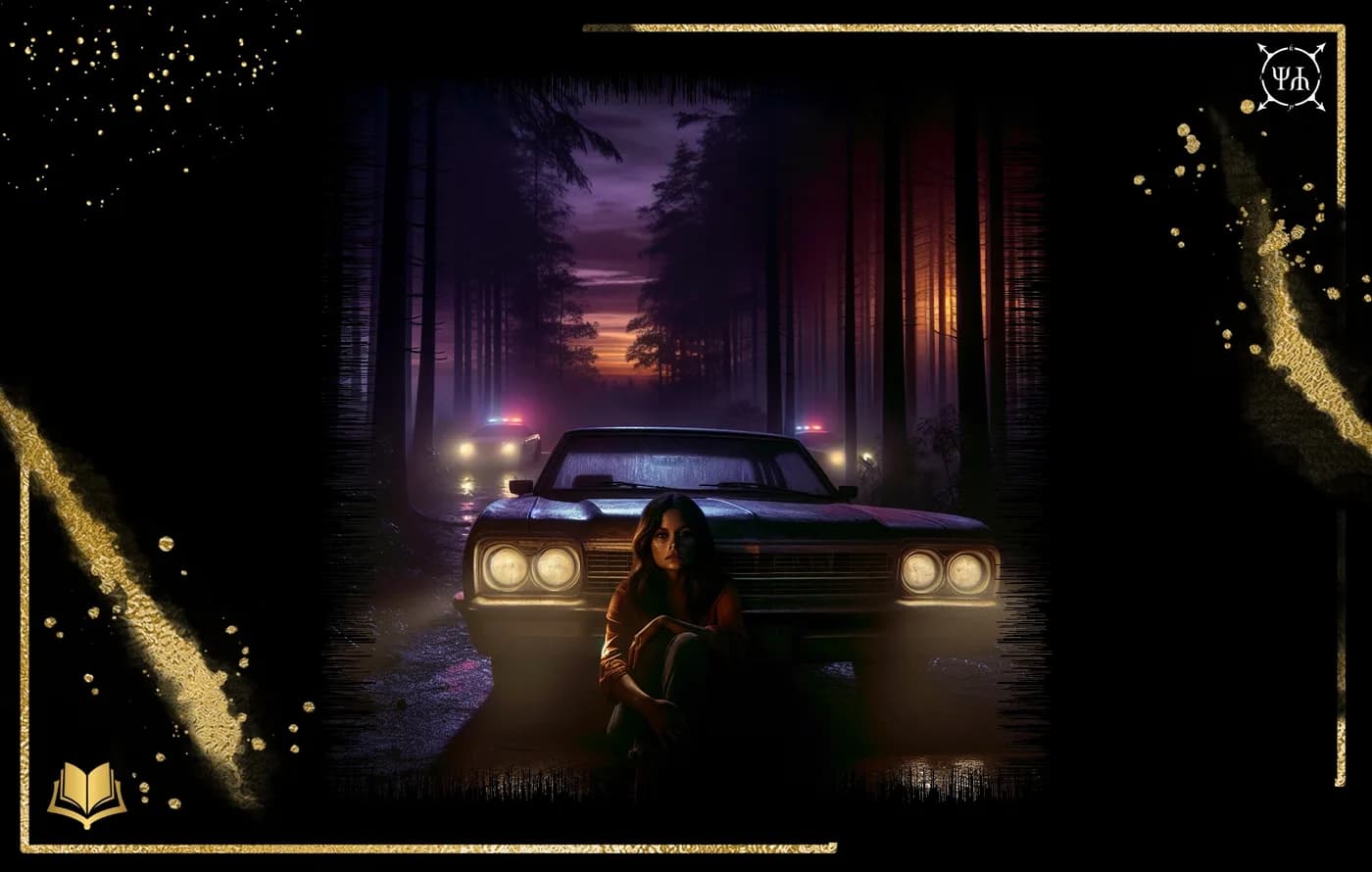 A woman sits beside a car in a dark forest as vehicles with emergency lights approach behind her.