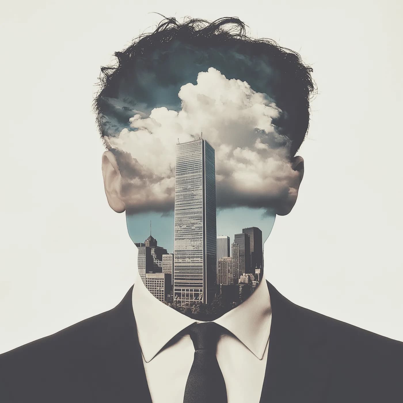 The silhouette of a suited person's head is filled with city buildings and clouds.