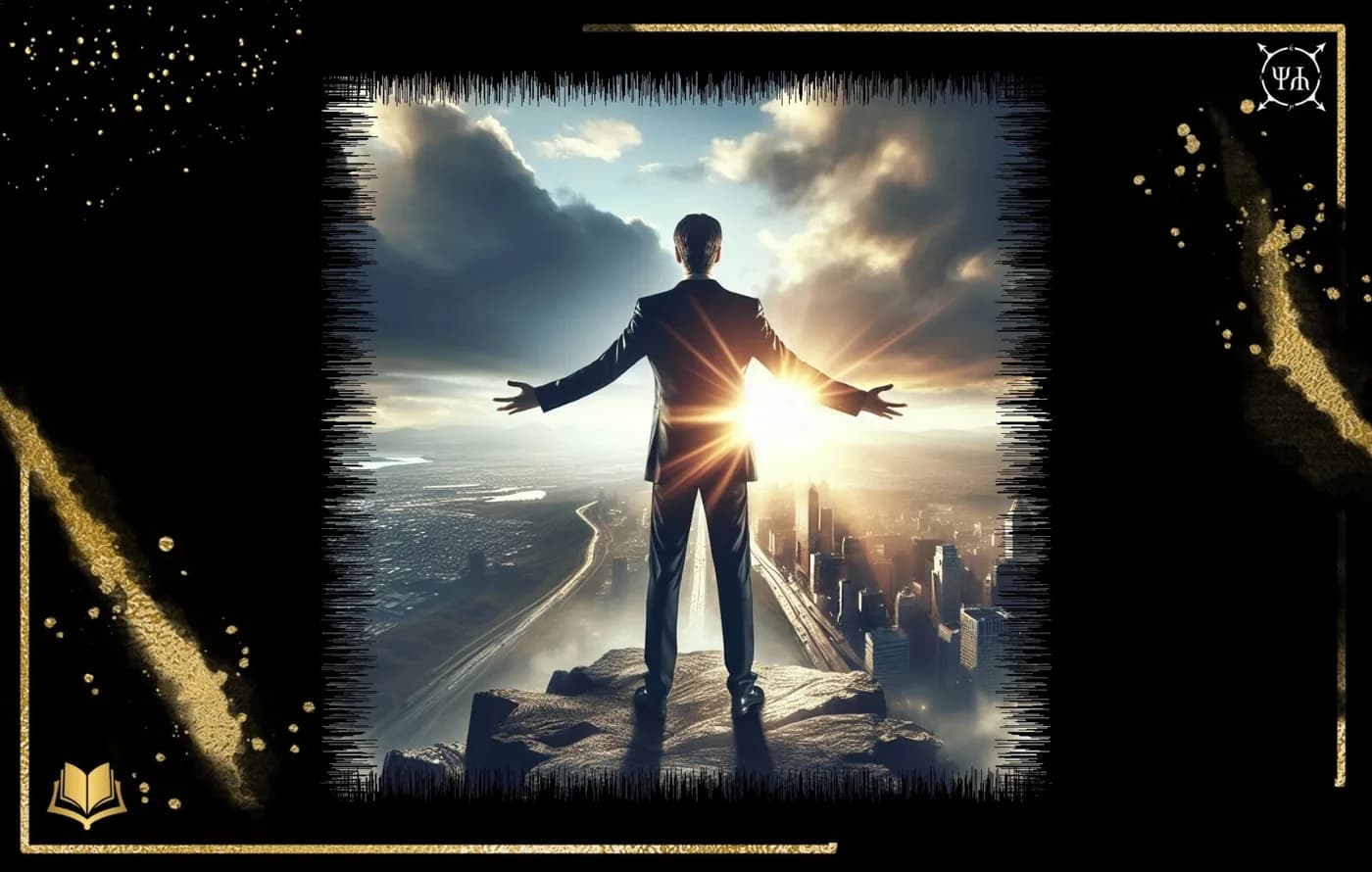 A businessman stands above a city with arms outstretched toward a burst of sunlight.
