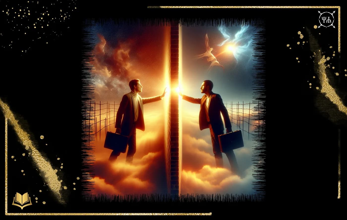 Two people on opposite sides of a high wall reach toward a light between them.