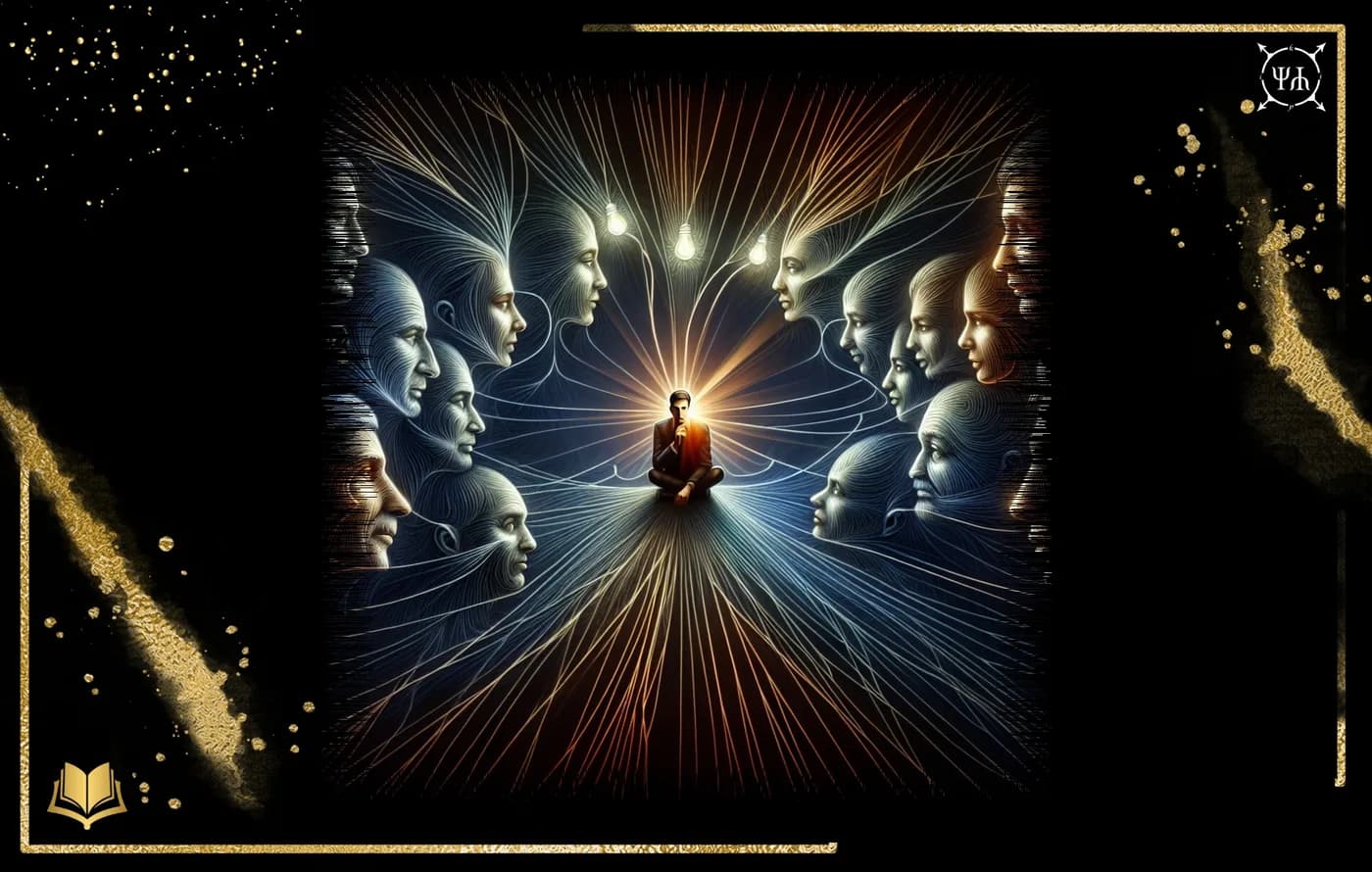 A seated person is surrounded by faces turned toward them and connected by glowing lines.