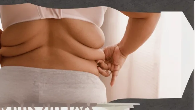 A person seen from behind touches a fold of skin at the waist.