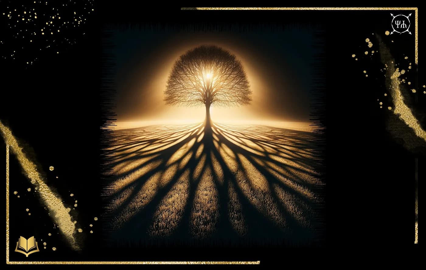 A solitary tree stands before a bright sun and casts long branching shadows.