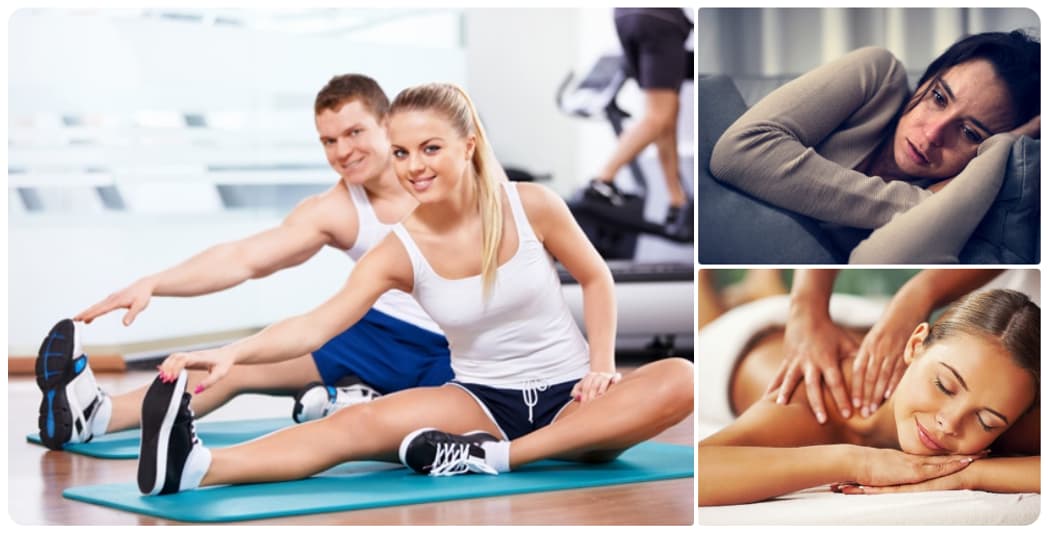A collage showing people exercising, a woman feeling low, and a massage session.
