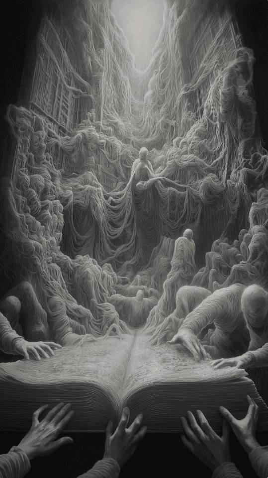 A monochrome surreal scene with an open book, many hands, and human figures among thread-like cliffs.