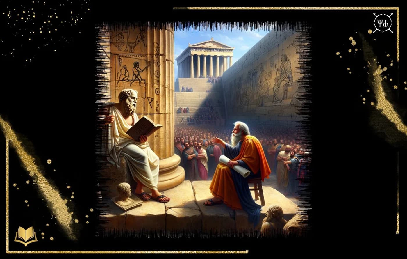 Two ancient philosophers debate before a crowd near a Greek temple.