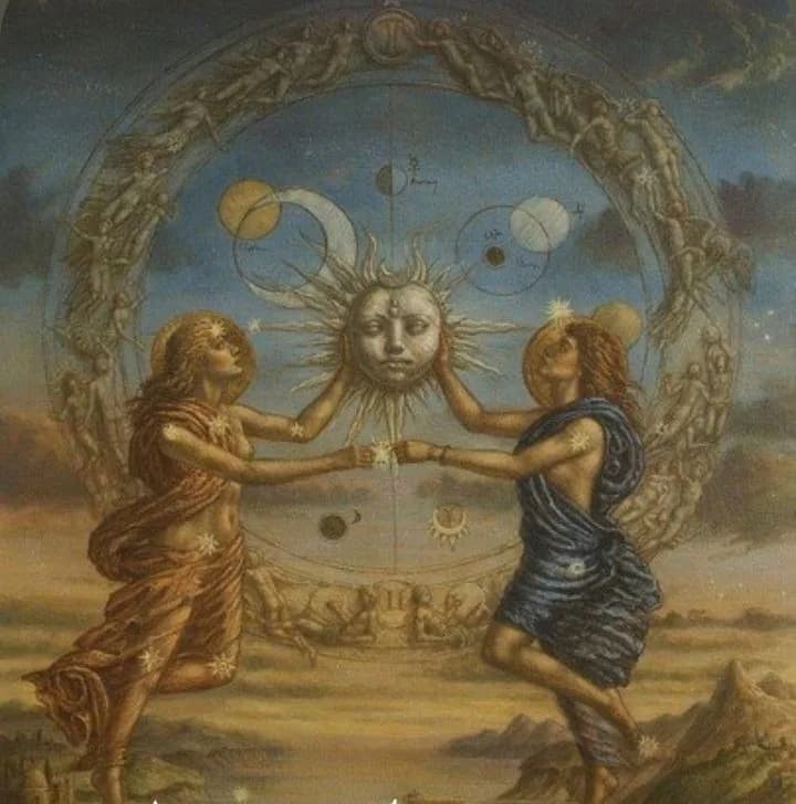 Two figures hold their hands near the face of a sun within a circular cosmic composition.