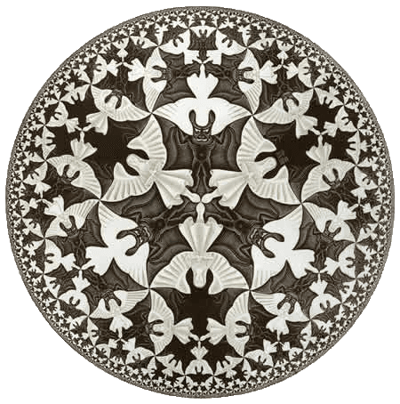 Circular composition of white angels and black demons shrinking toward the edge.