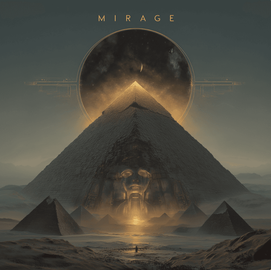 A surreal desert landscape with a giant face-shaped pyramid, smaller pyramids, golden light, a crescent moon, and a lone figure.