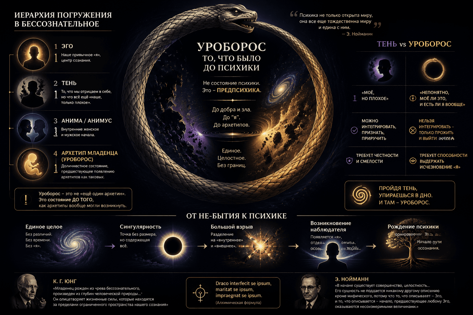 A Russian-language infographic about Ouroboros with a golden serpent, cosmic imagery, and a diagram of descent into the unconscious.