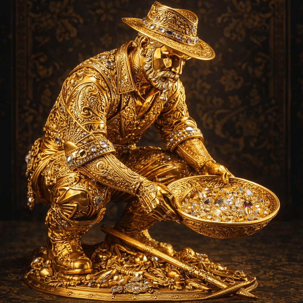 A golden figure of a prospector in a wide-brimmed hat bending over a bowl of gemstones.
