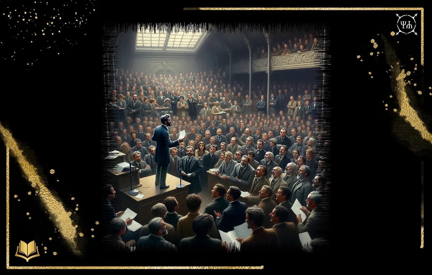 A speaker holding a sheet of paper addresses a large audience in an assembly hall.